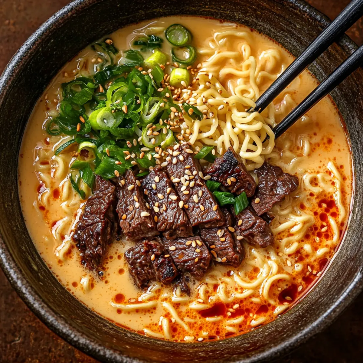 Spicy Korean Ramen with Grilled Beef and Creamy Sauce